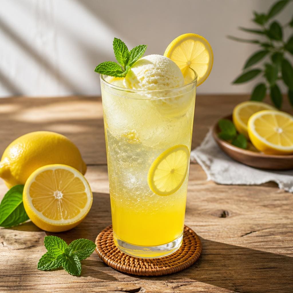 Lemon Squash Float dengan rasa lemon segar dan topping es krim